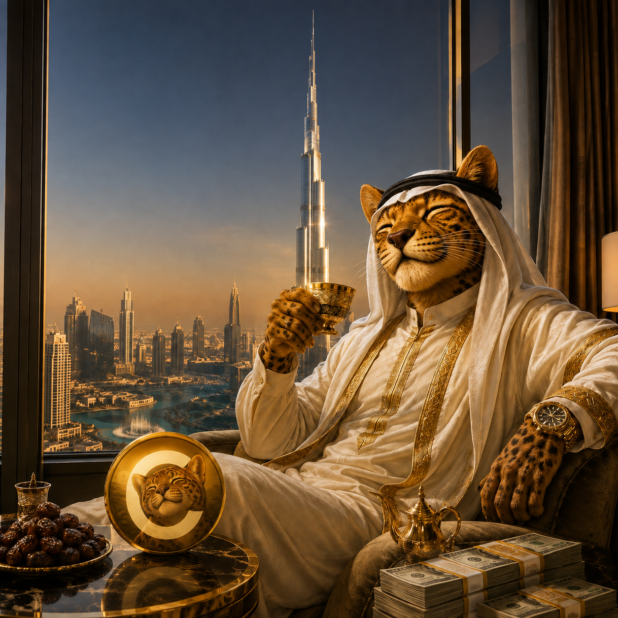 CATEKIO in white robes sipping from a gold cup in a Dubai suite overlooking the Burj Khalifa