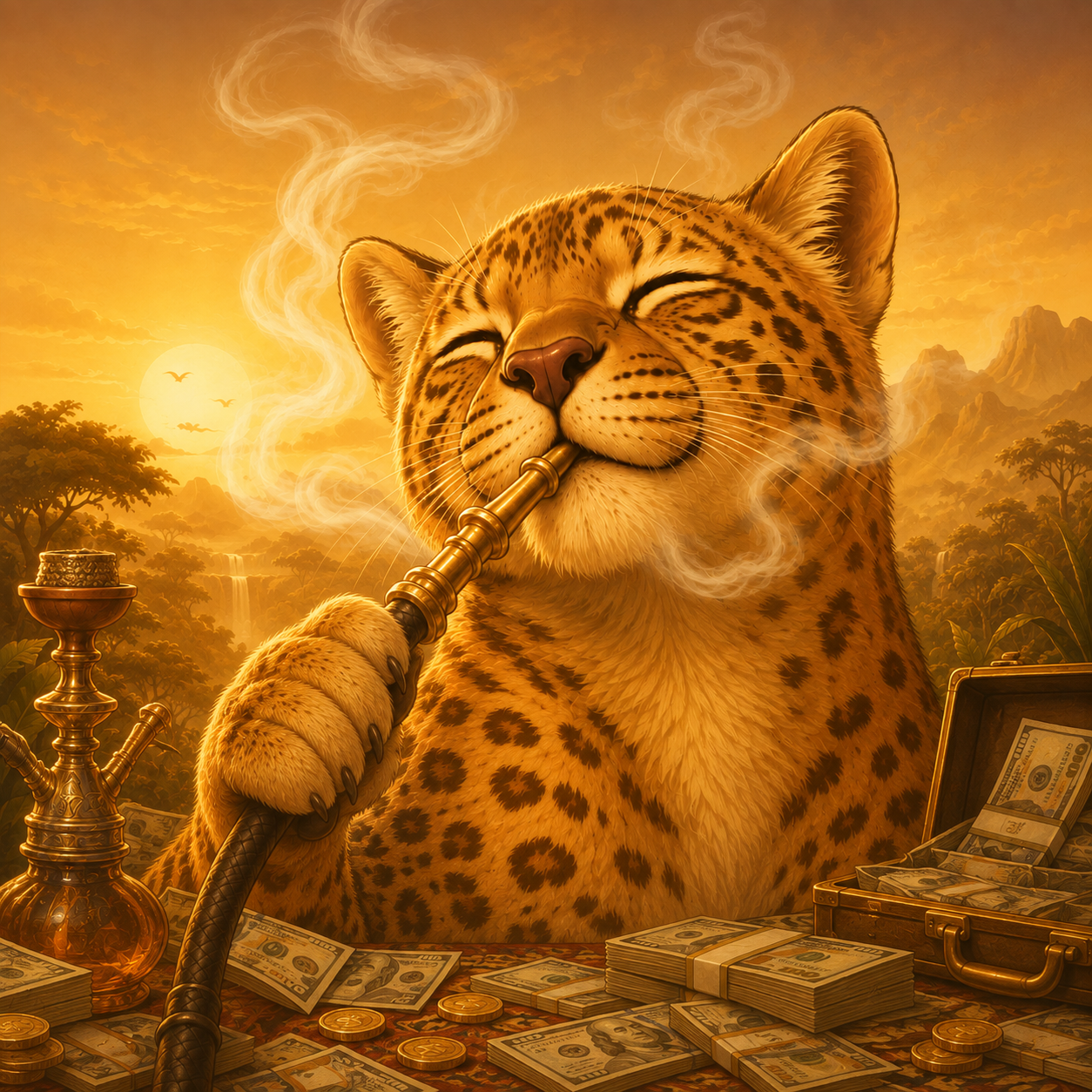 CATEKIO smoking a golden hookah surrounded by stacks of cash and gold coins at sunset