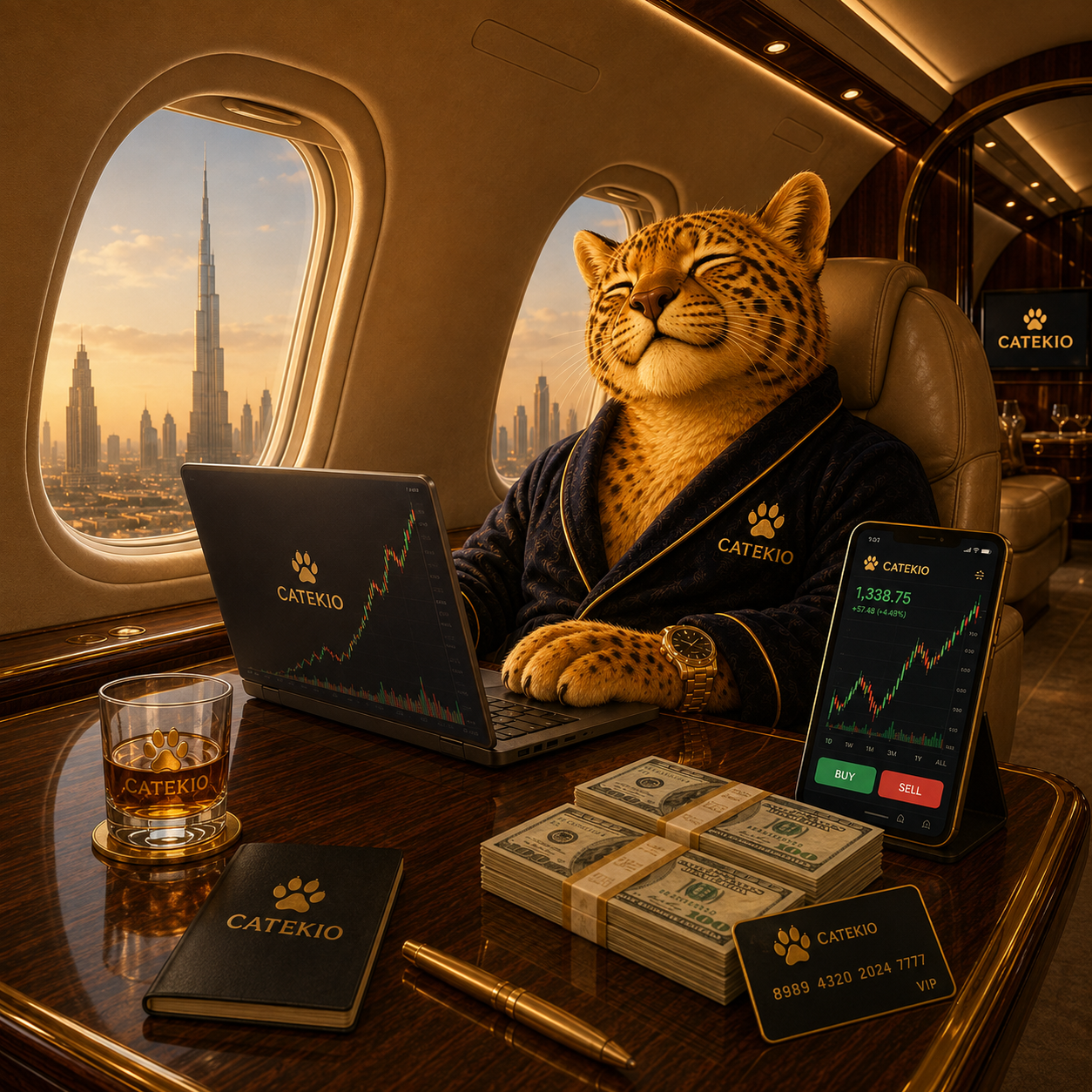 CATEKIO in a branded robe on a private jet watching the CATEKIO chart pump on a laptop and phone