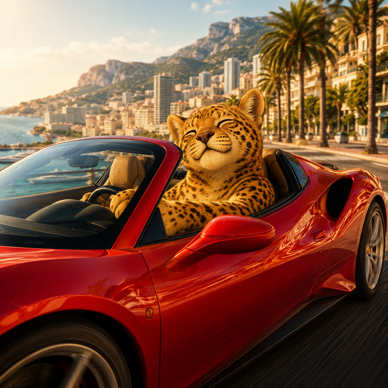 CATEKIO driving a red convertible sports car along the Monaco coastline