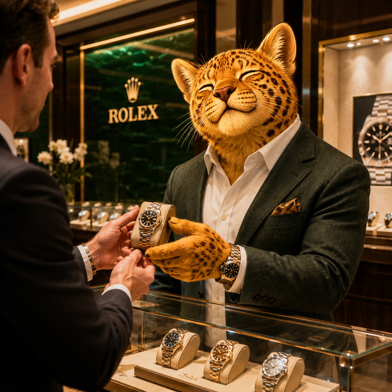 CATEKIO in a green suit trying on a gold Rolex in a boutique